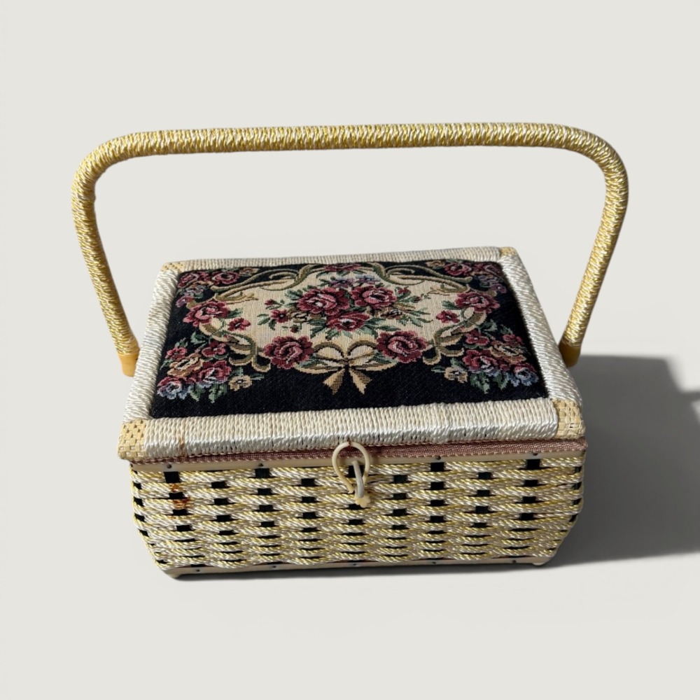 Vintage Wicker Sewing Basket Floral Tapestry Padded Lid Woven Craft Box Gold
